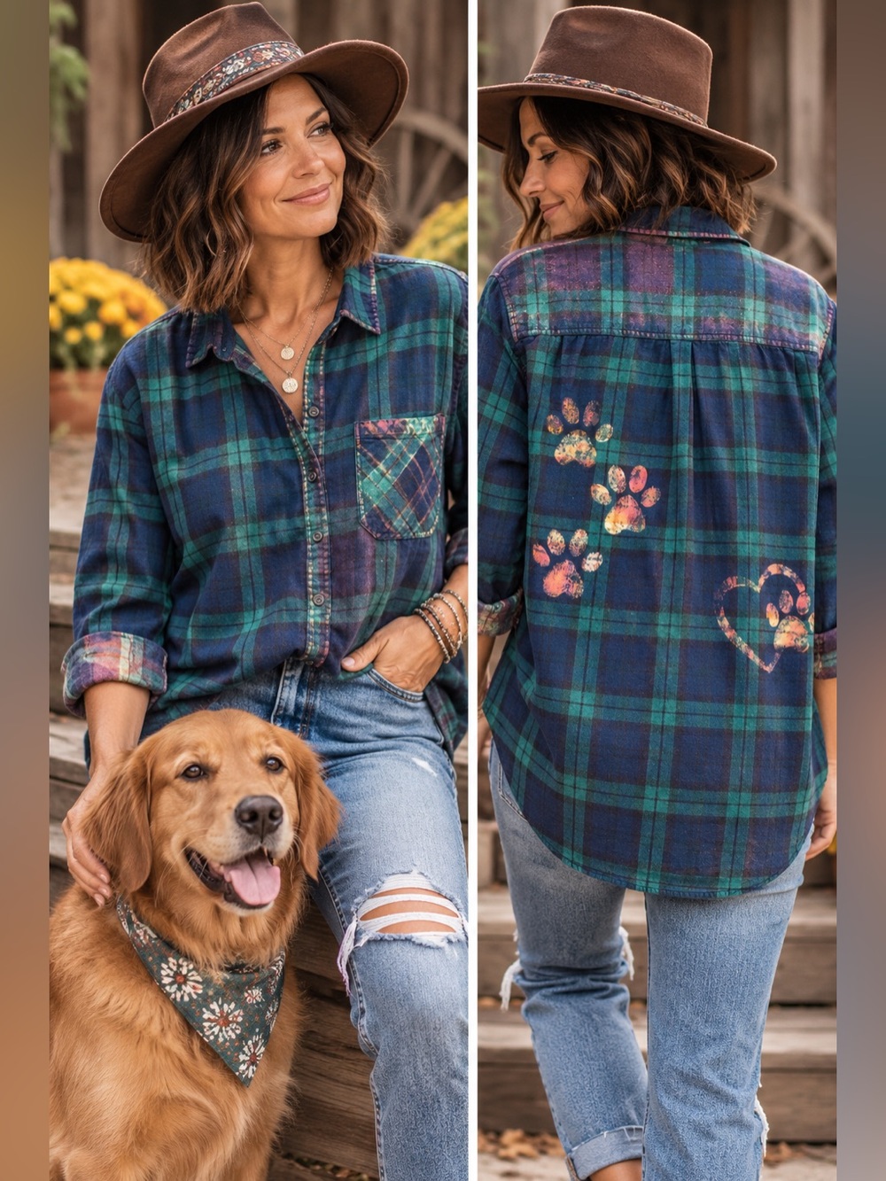 Upcycled BeachLunchLounge Plaid Dog Paw Bleached Flannel Shirt L
